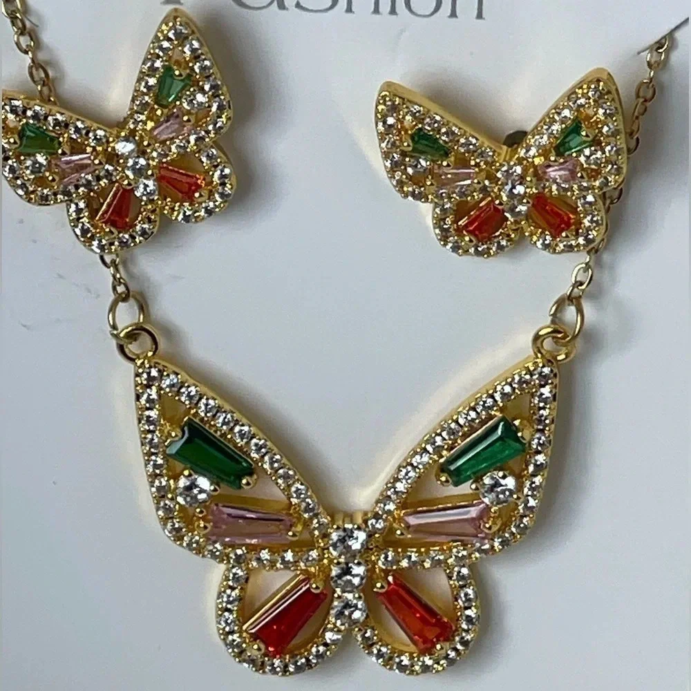 Stainless Steel Copper 18k Gold Plated Butterfly Zircon Earrings & Necklace Set